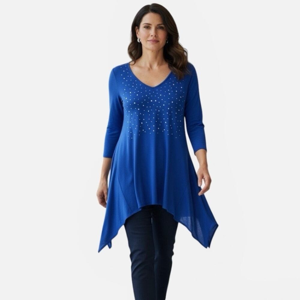 Rafiana Sz M Royal Blue Long Jersey Soft Knit Tunic Rhinestone Sparkle Shirt Top
